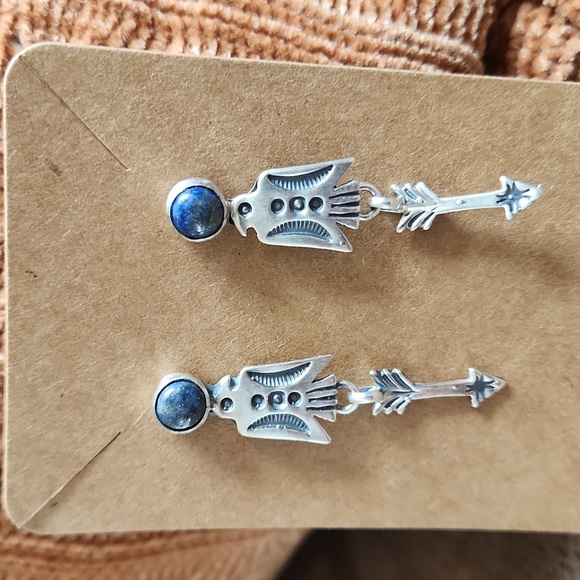 NWOT Native American Navajo Denim Lapis & Sterling Thunderbird Dangle Earrings - Picture 4 of 12